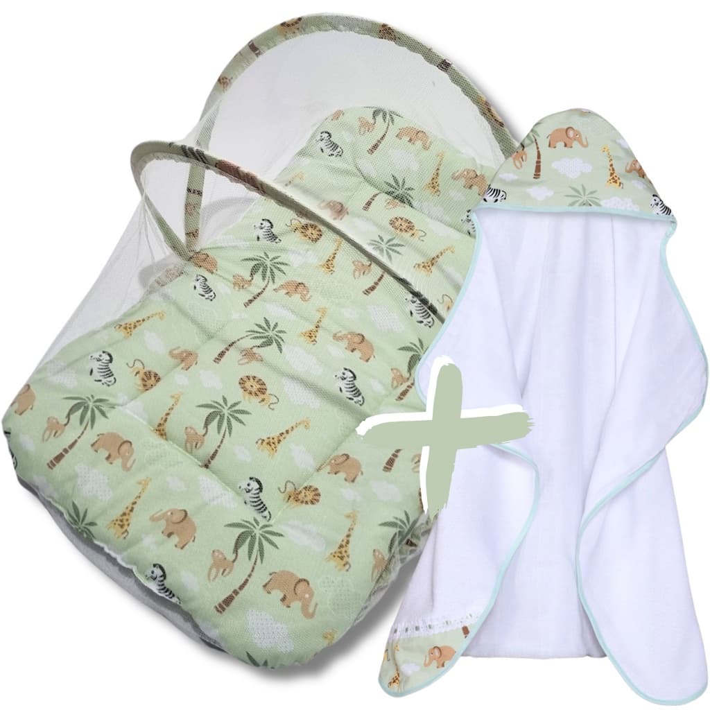 Kit Toalha de Banho Bebe Dupla Camada com Capuz + Berço Portátil com Tela Anti Inseto Acolchoado