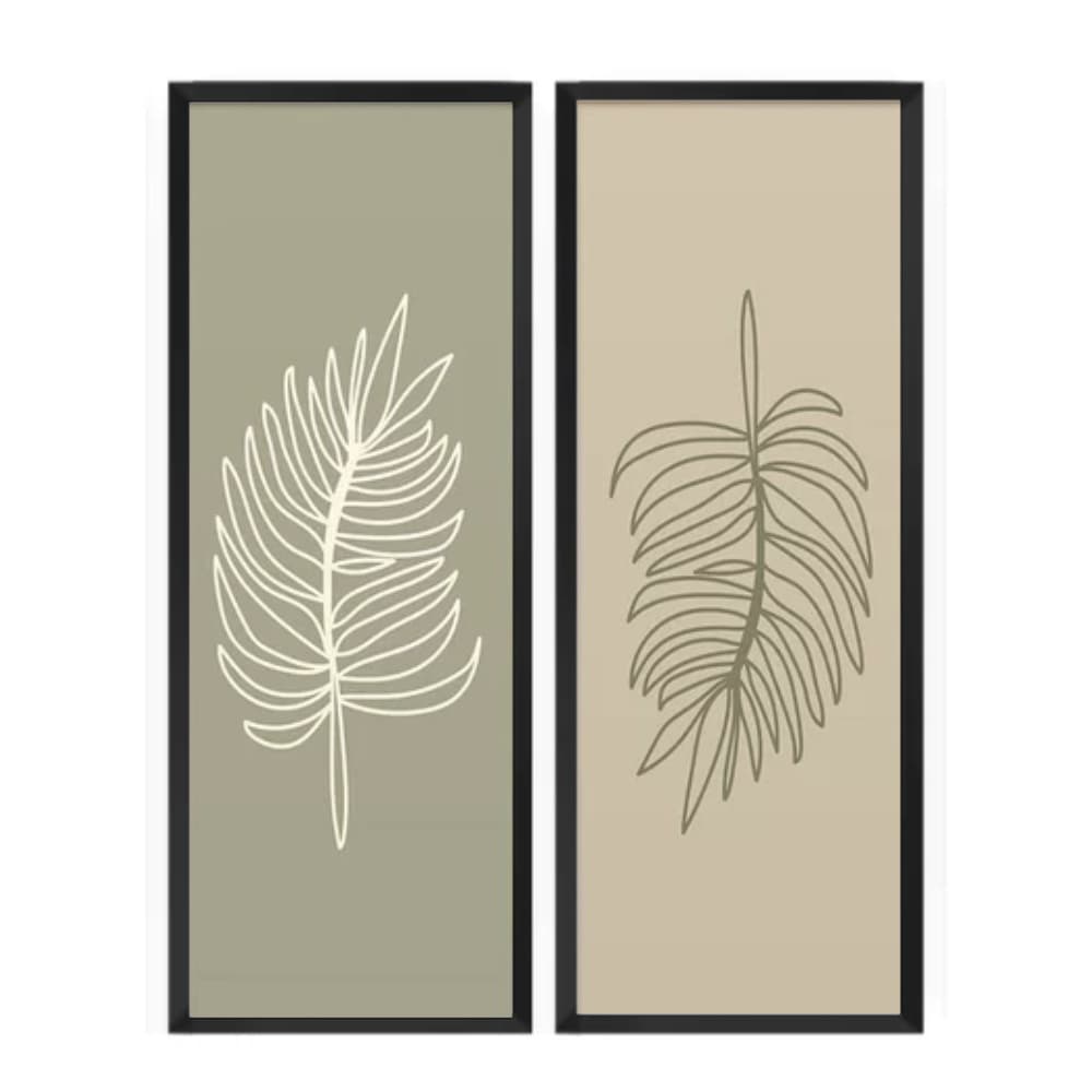 Dupla de Quadros Folhas Jogo Minimalista Folhagens Sala Moldura Preta