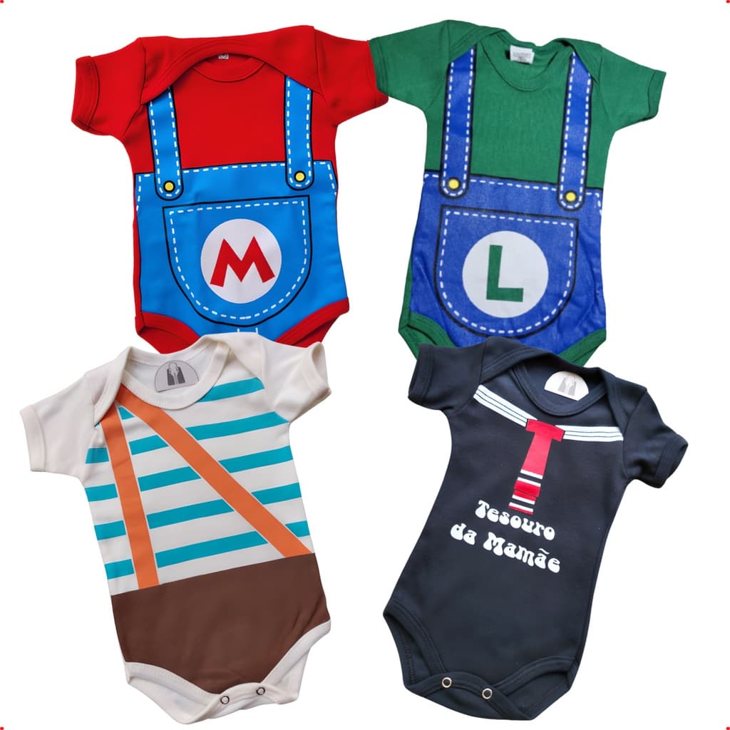 Kit Body  Bebê mesversário menino Personagem Chaves + Kiko Tesouro + Mario + Luigi