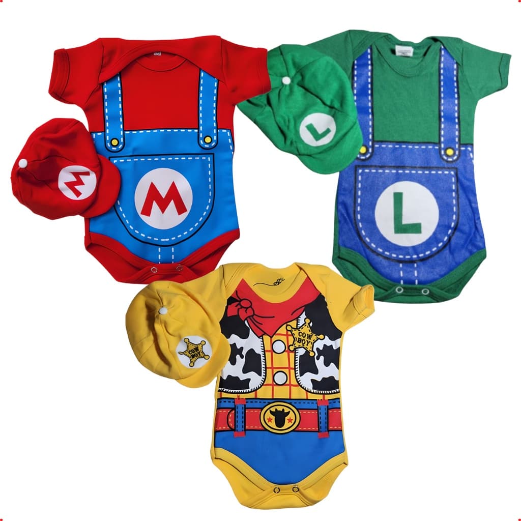 Kit Body Bebê Personalizado Super Mário + Luiggi + woody + boinas