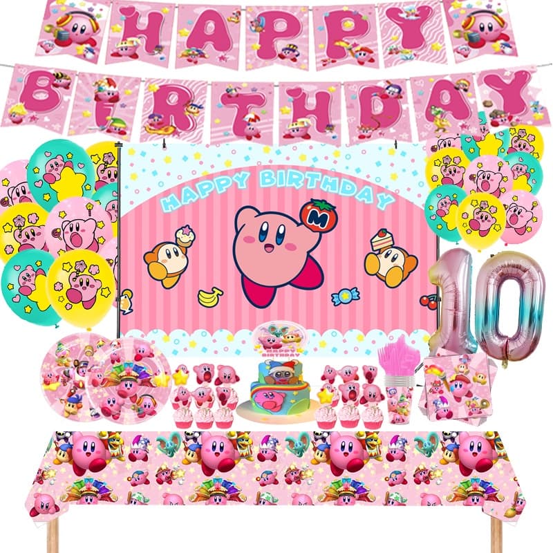 Kirby Conjunto De Balões Temáticos Para Festas De Aniversário Infantis De Desenhos Animados , Louça De Mesa Descartável , Bandeira Pendurada E Decoração De Cenas Giratórias