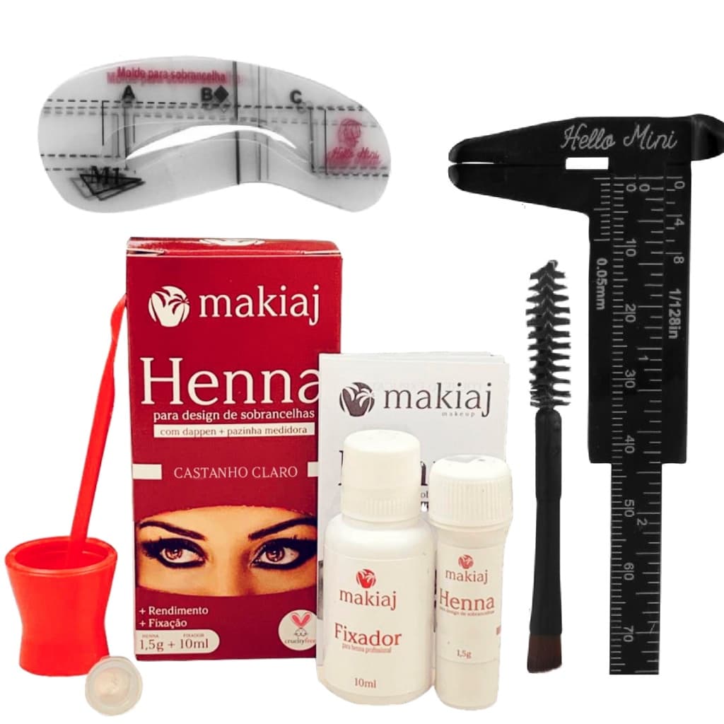 Henna Makiaj Sobrancelha Com Kit Designer Paquimetro Pincel Duplo e 6 Moldes Profissional