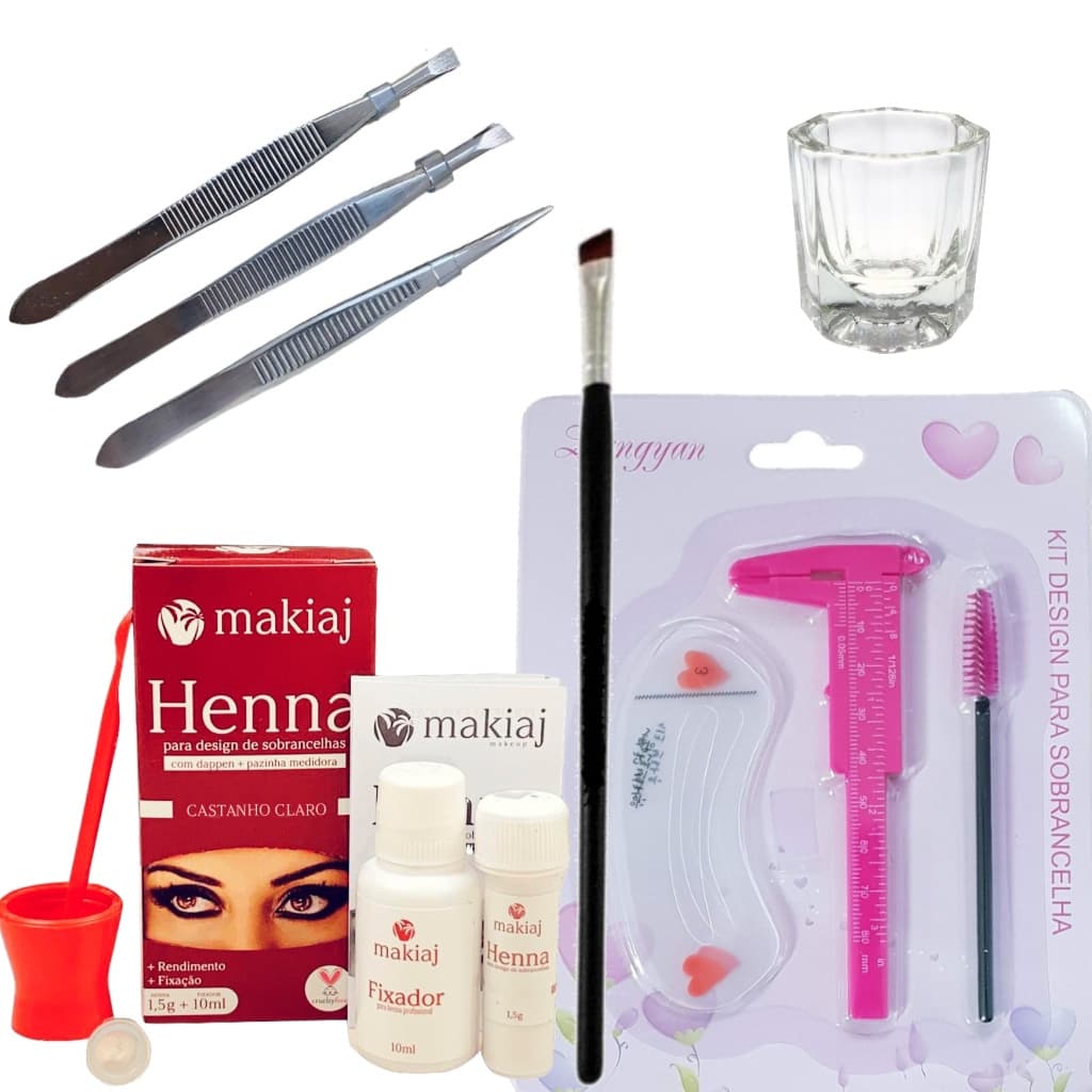 Kit Designer Sobrancelhas Henna Makiaj 3 Pincas Profissional Paquimetro Pincel Dappen Escova Moldes Completo