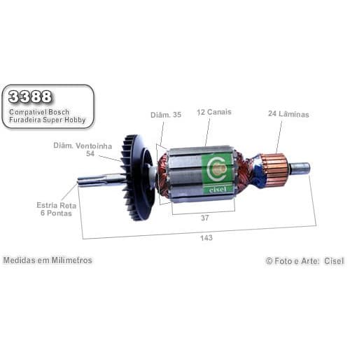 Induzido compatível Furadeira Super Hobby Bosch 3388 GSB 13/ 16-RE- Eixo 143mm