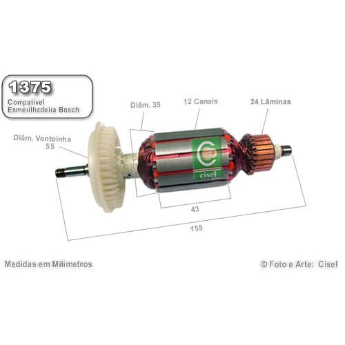 Induzido compatível Bosch Esmerilhadeira 1375 GWS 6-115- Eixo 155mm