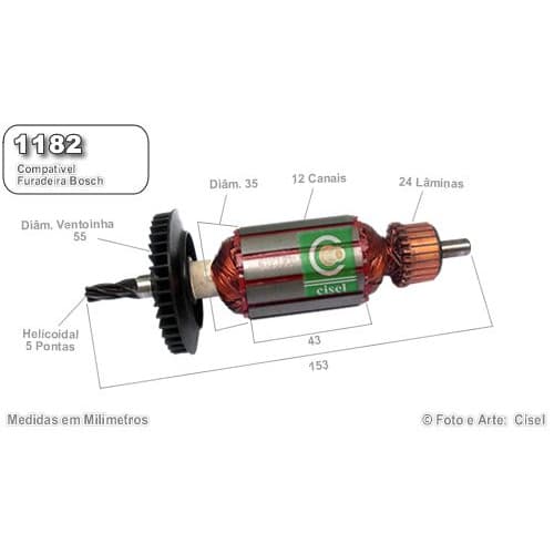 Induzido compatível Furadeira Bosch 1182 GSB 16 / 19-2 / 20-2- Eixo 153mm