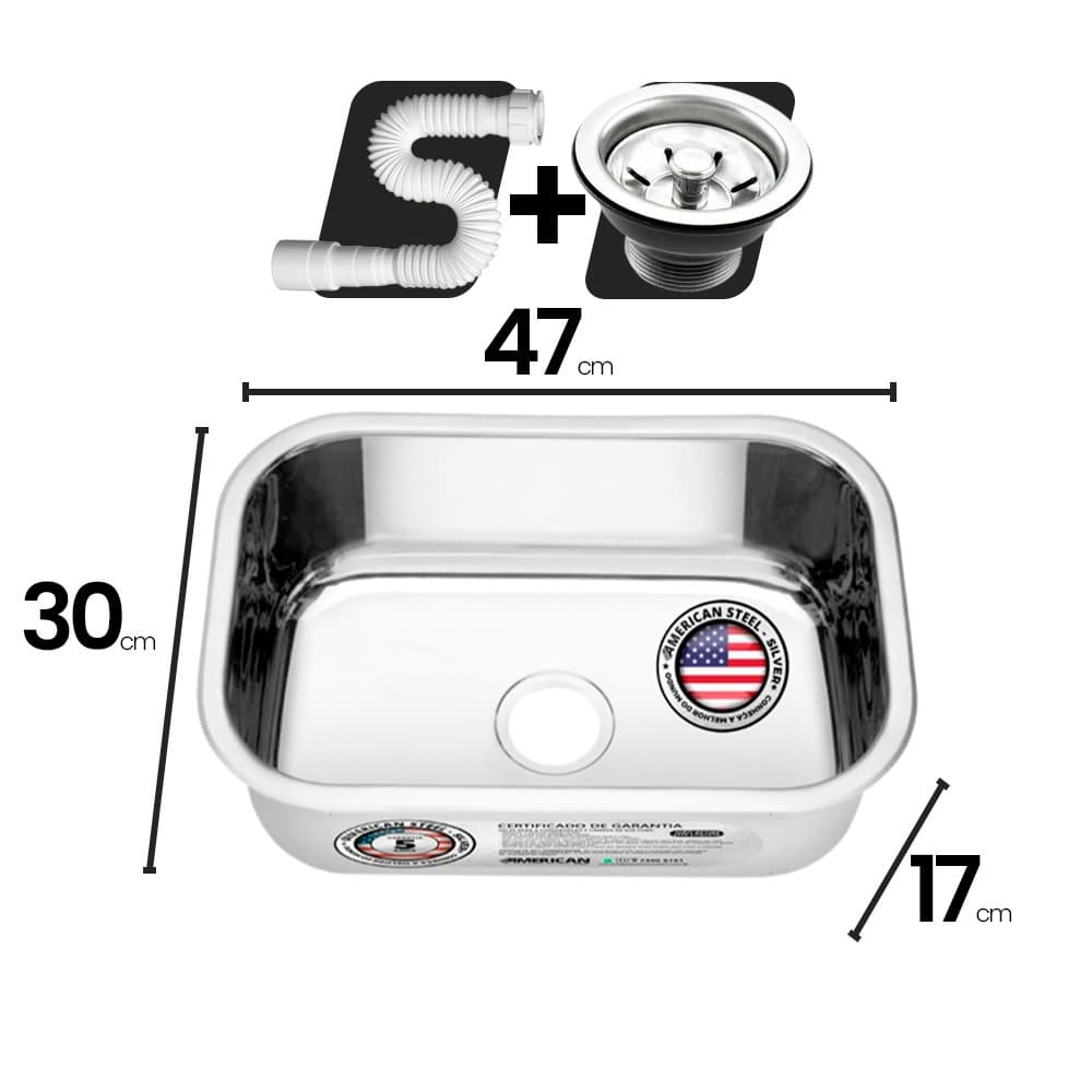 Cuba Aço Inox American Steel N°1 47x30x17 + Sifão + Válvula