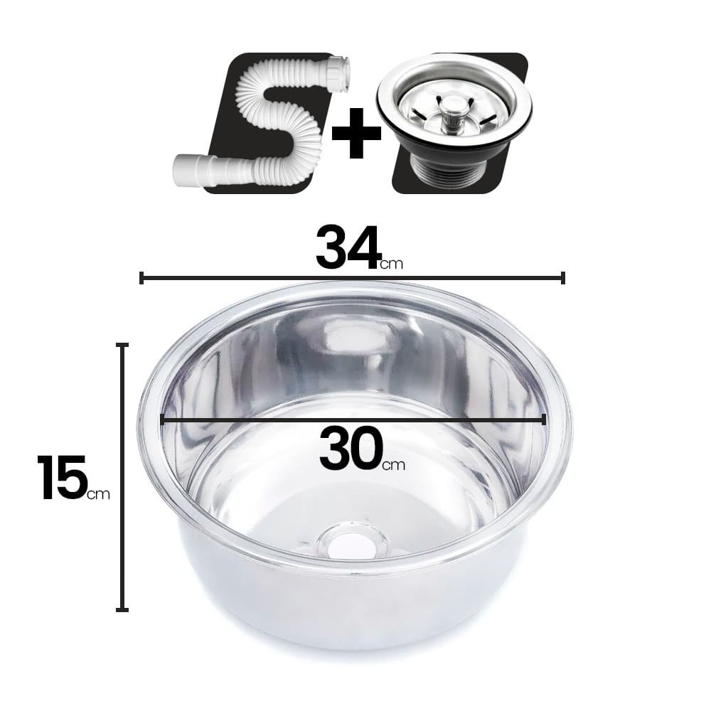 Cuba Redonda Cozinha 30 cm Aço Inox 430 Com Válvula E Sifão