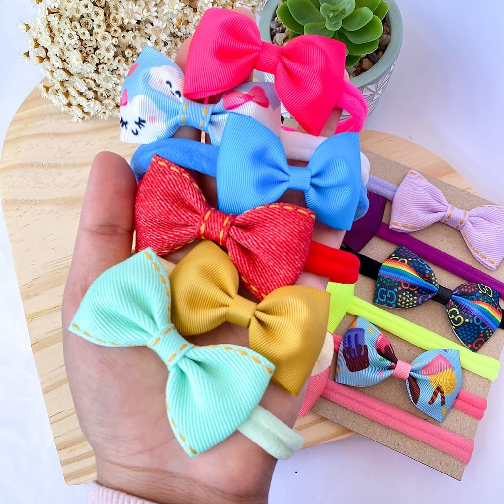 Kit 12 Laços Infantil de Cabelo na Faixa Meia de Seda Menina Rn
