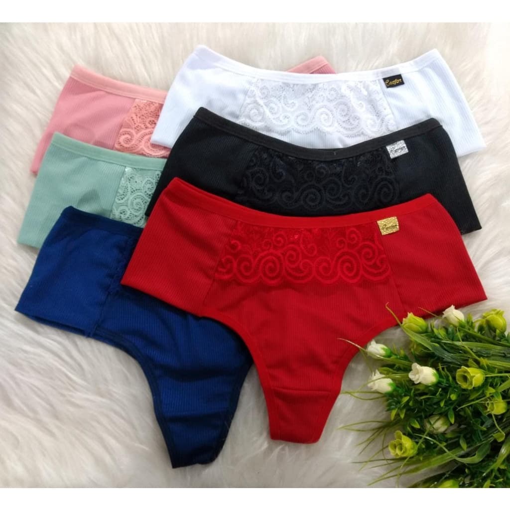 Kit 5 Calcinha Fio Anita Cintura Alta Canelada Com Renda