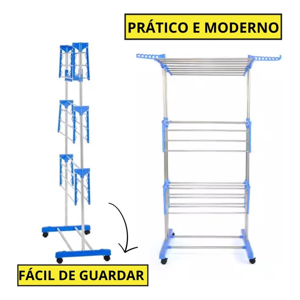Varal De Chão Pra Roupa Inox 3 Três Andares Retrátil Cor Azul