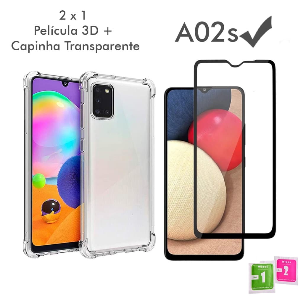 Capa Protetora Capa Case Capinha Anti Shock transparente Samsung Galaxy A02s + Película Vidro 3D