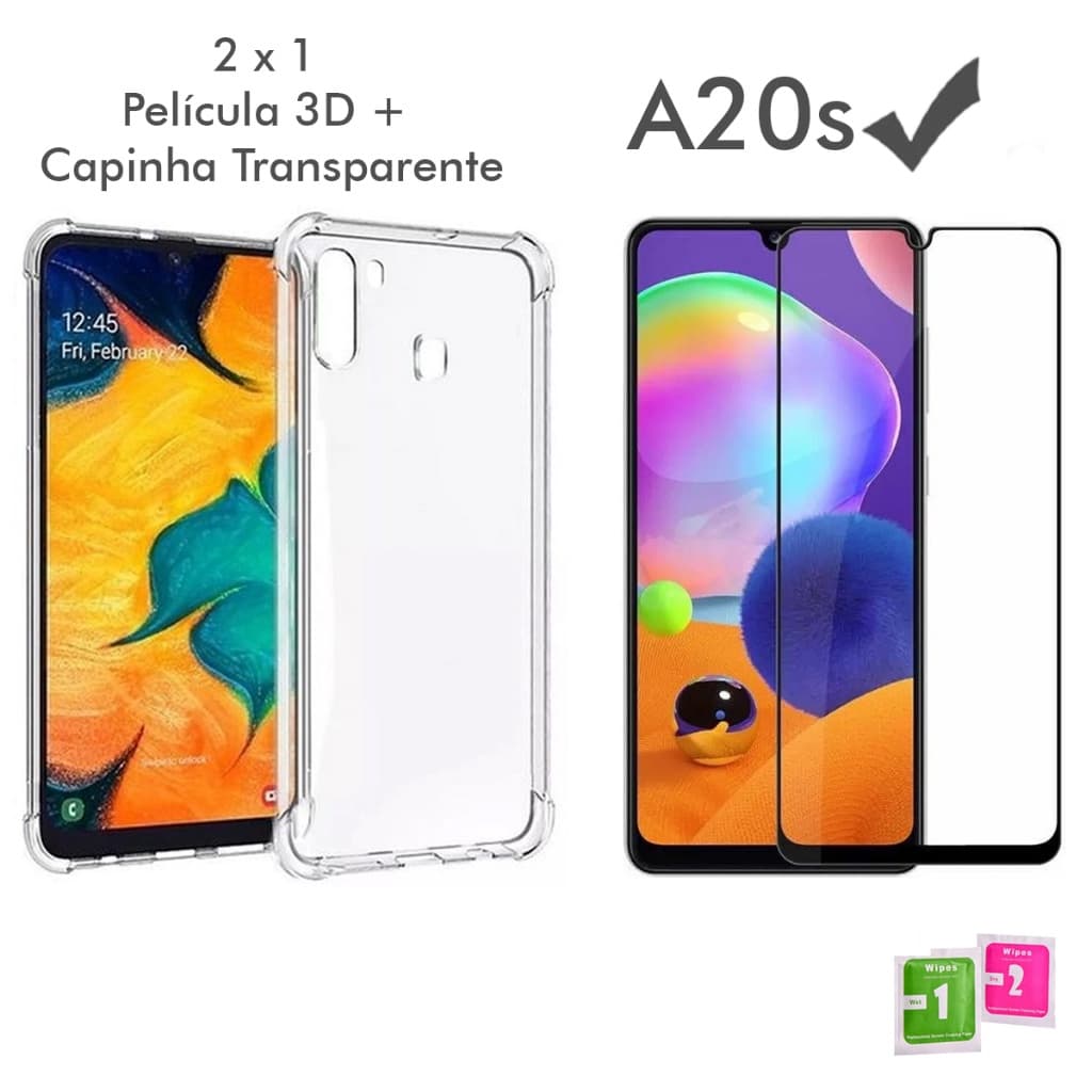 Capa Ultrafina Capa Case Capinha Anti Shock transparente Samsung Galaxy A20s + Película Vidro 3D