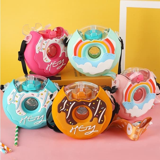 Garrafa infantil donuts redonda com canudo 380 ml