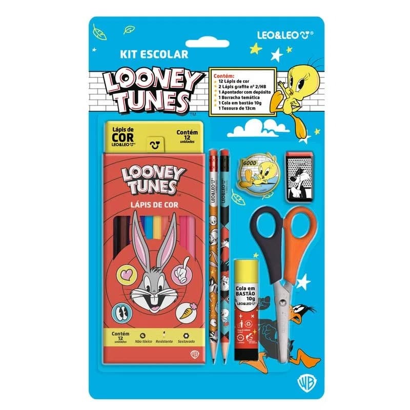 KIT ESCOLAR LOONEY TUNES 18 ITENS LAPIS DE COR LEO E LEO