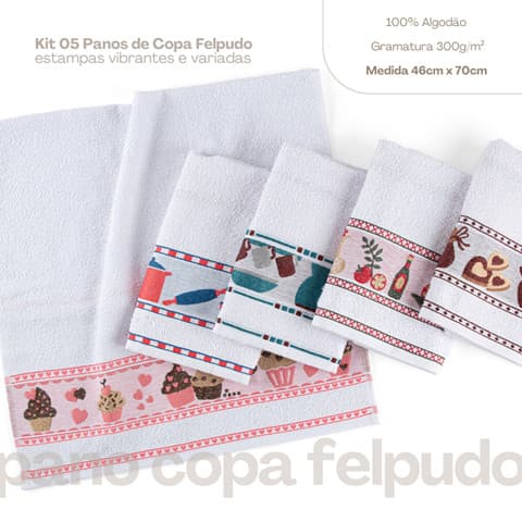 Kit 5 Pçs Pano de Copa Cozinha Felpudo com Barrado Estampado