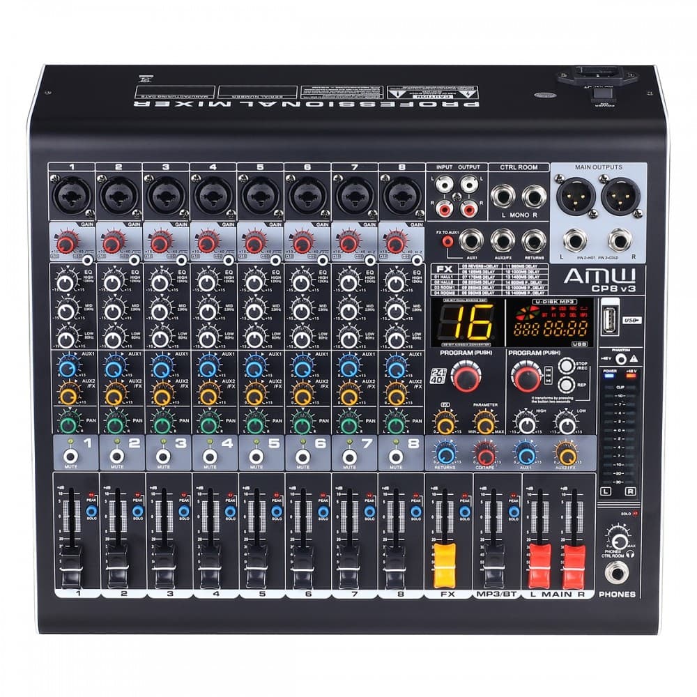 AMW CP8 V3 Mesa de Som 8 Canais Efeitos USB Interface Mp3 BT Eq