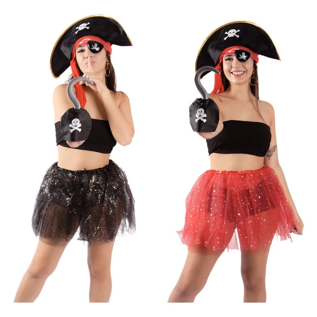Fantasia Pirata Com Saia de Tule Tutu Chapéu e Acessórios Feminina 6 Pçs Bloquinho Carnaval(Saia Preto,Único)
