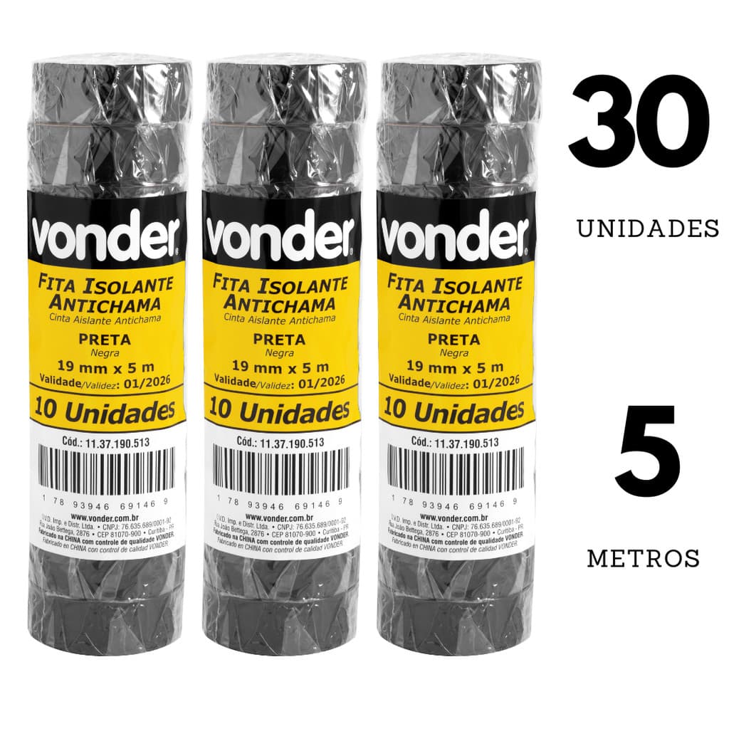 Kit com 30 Fitas Isolantes, 19,0 mm x 5 Metros  Pretas -VONDER