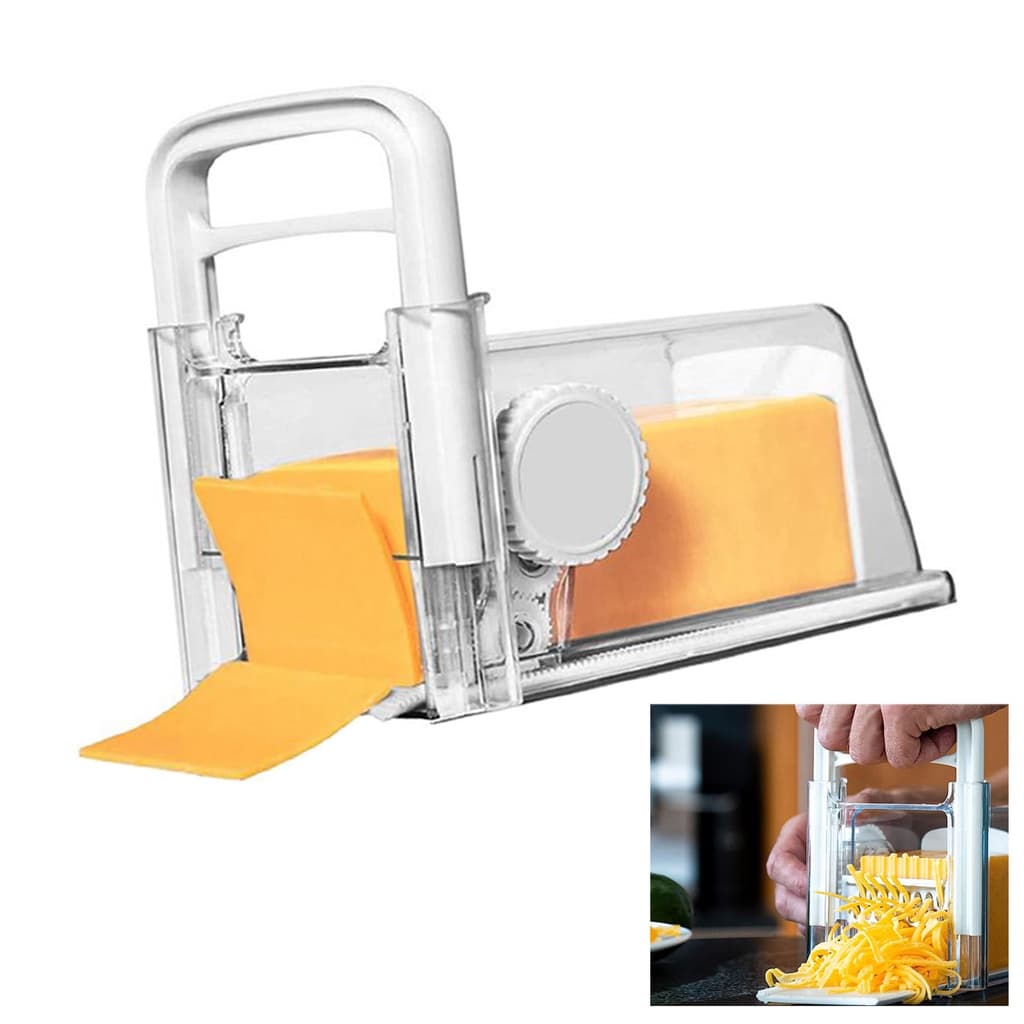 Cortador Fatiador de Queijo Presunto Ralador Manual 4 em 1 Lamina Inox Armazenamento Pote Hermetico Cozinha Geladeira