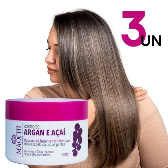 Mascara De Tratamento Extrato De Argan E Acai 3x300g Maochi Acao Neutralizante Pre e Pos Quimica Para Cabelos Fragilizados