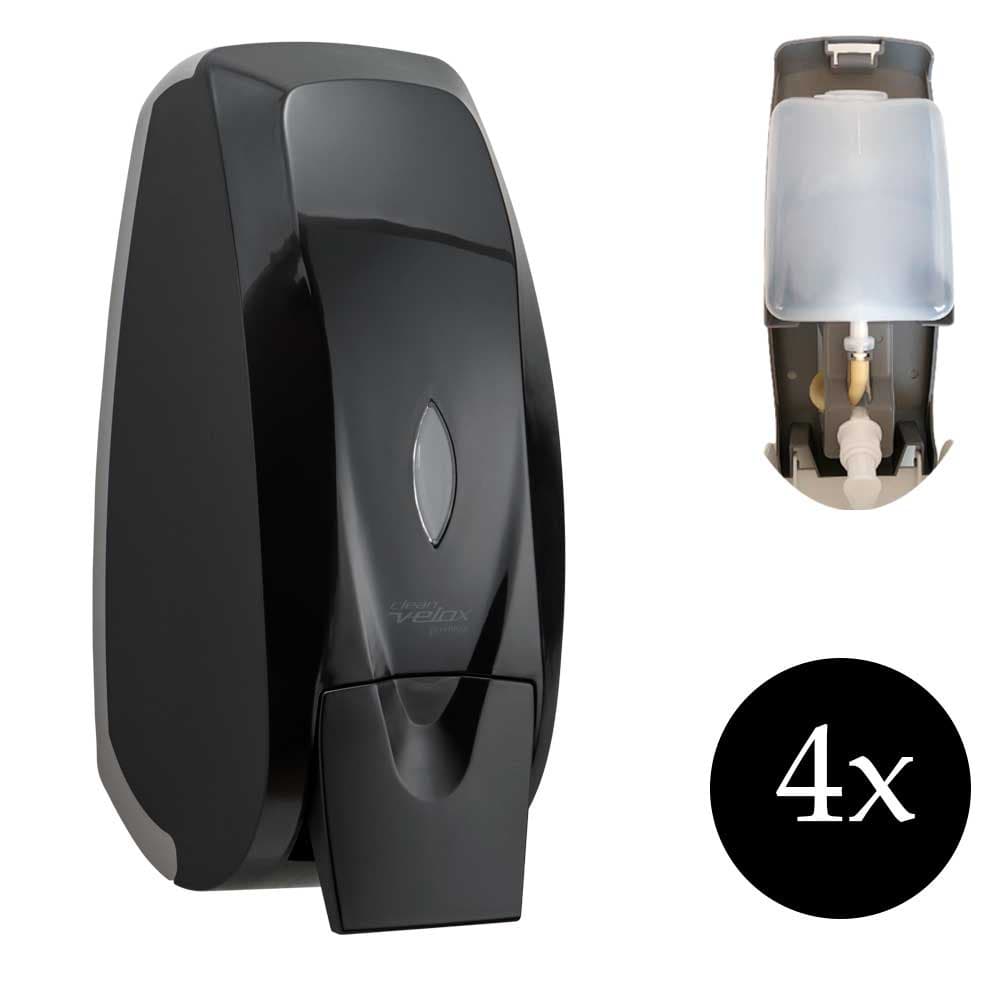 Kit jogo 4 Saboneteira dispenser álcool gel porta sabão sabonete líquido com reservatório Velox premisse preto parede lavabo condominio restaurante banheiro alco
