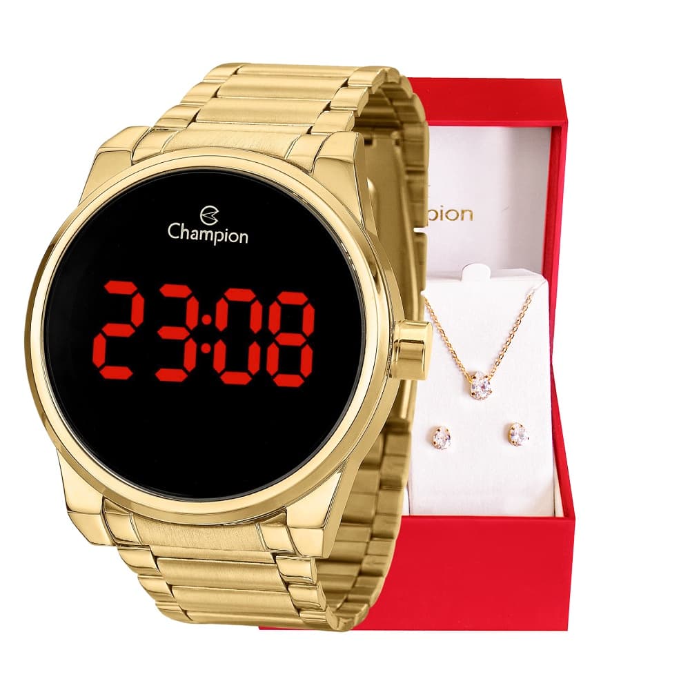 Relógio Champion Feminino Digital Dourado CH40124H + Kit Colar e Brincos, à prova d'água, mulher