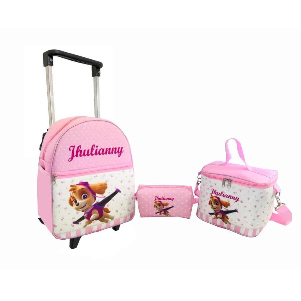 Kit Mochila 3 Peças Sky Patrulha Canina de rodinhas carrinho personalizada com o nome