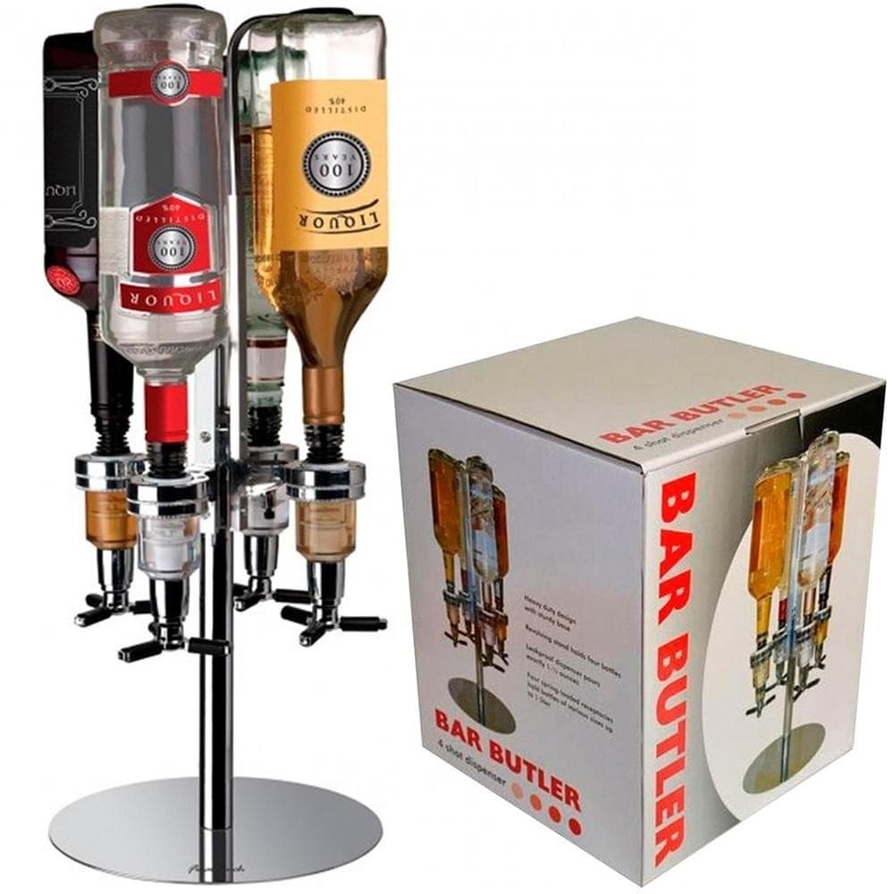 DISPENSER GIRATORIO DE BEBIDAS PORTA 4 GARRAFAS DOSADOR INOX PARA SHOT GIN WHISKY PISCINA
