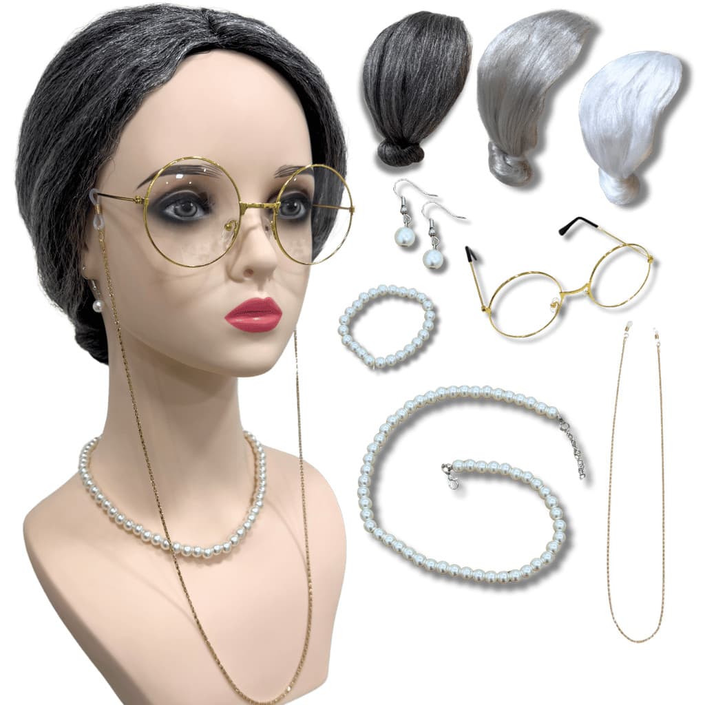 Kit peruca vovozinha idosa coque óculos colar pulseira