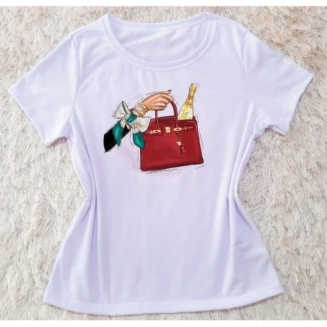 Camiseta Blusa Tshirt Champagne M ao G3 Plus Size estampa delicada e colorida