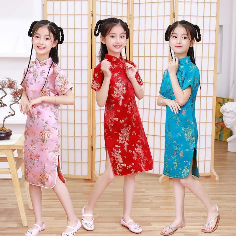 Crianças cheongsam 2022 verão Retro dragão Phoenix brocado vestido de princesa estilo chinês bebê menina cheongsam vesti