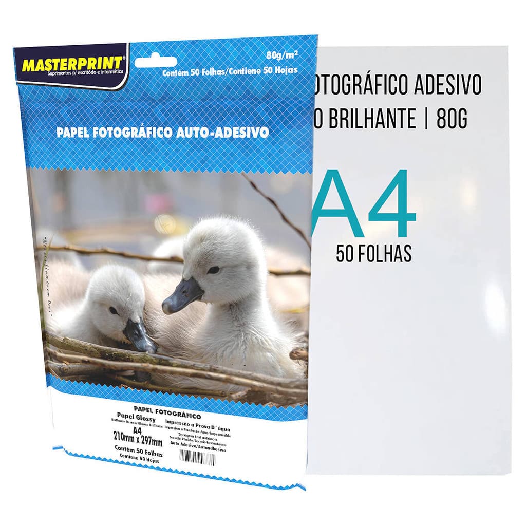 Papel Adesivo 80g A4 Masterprint Fotográfico Branco Brilhante Pacote com 50 folhas