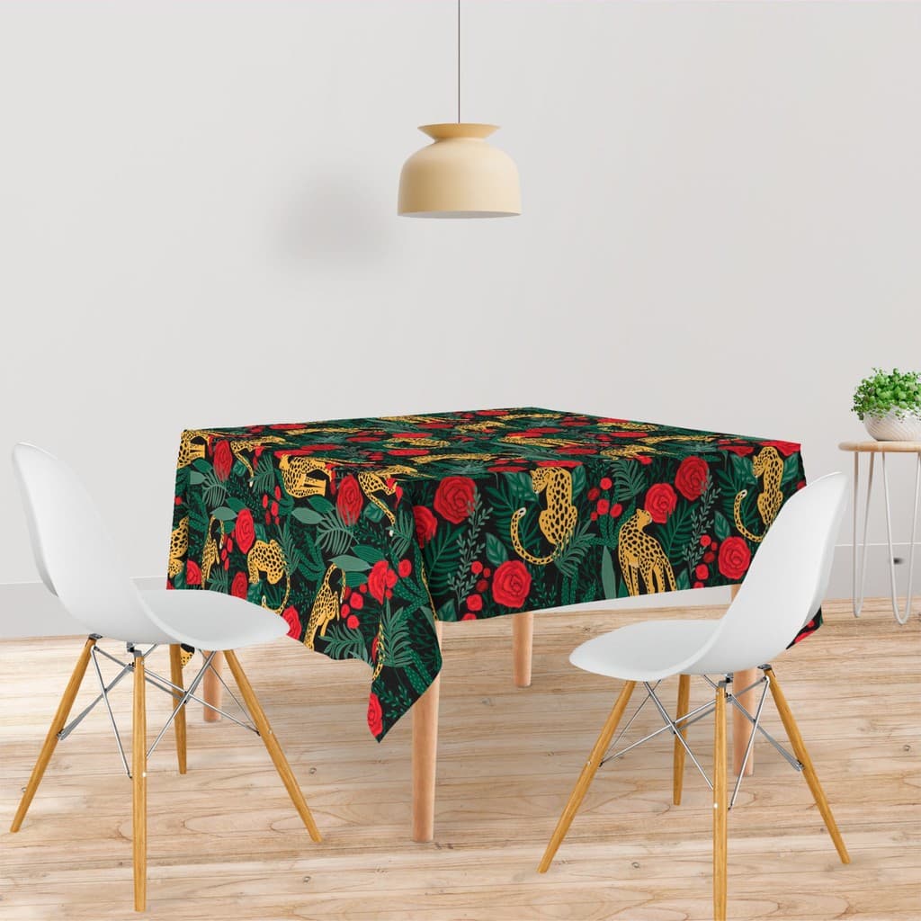Toalha De Mesa Quadrada Tecido Oxford Onças e Rosas Vermelhas TL270 - 140x140cm