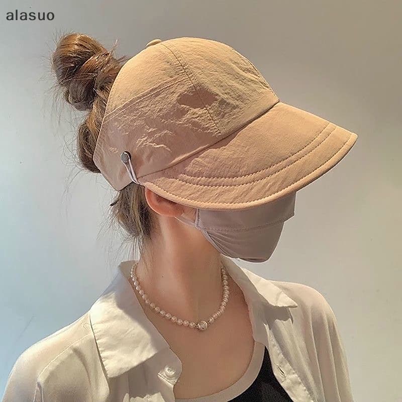 [alasuo] Chapéu De Sol Dobrável Com Aba Larga E Rabo De Cavalo Cordão Ajustável Para Mulheres , Praia , Verão , Viseira