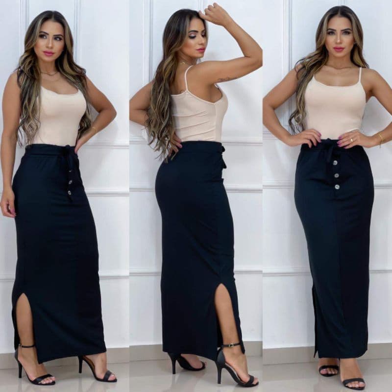Kit 3 Saia Longa Detalhe de Botão e Amarração Moderna Feminina Premium Evangélica Social Casual