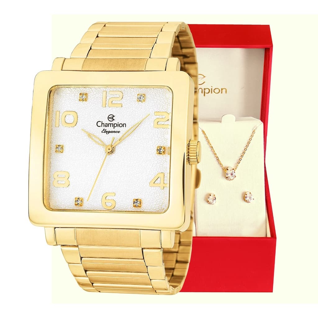 Relógio Champion Feminino Original Dourado Quadrado À Prova d'Água CN26582H Relógio Dourado Feminino
