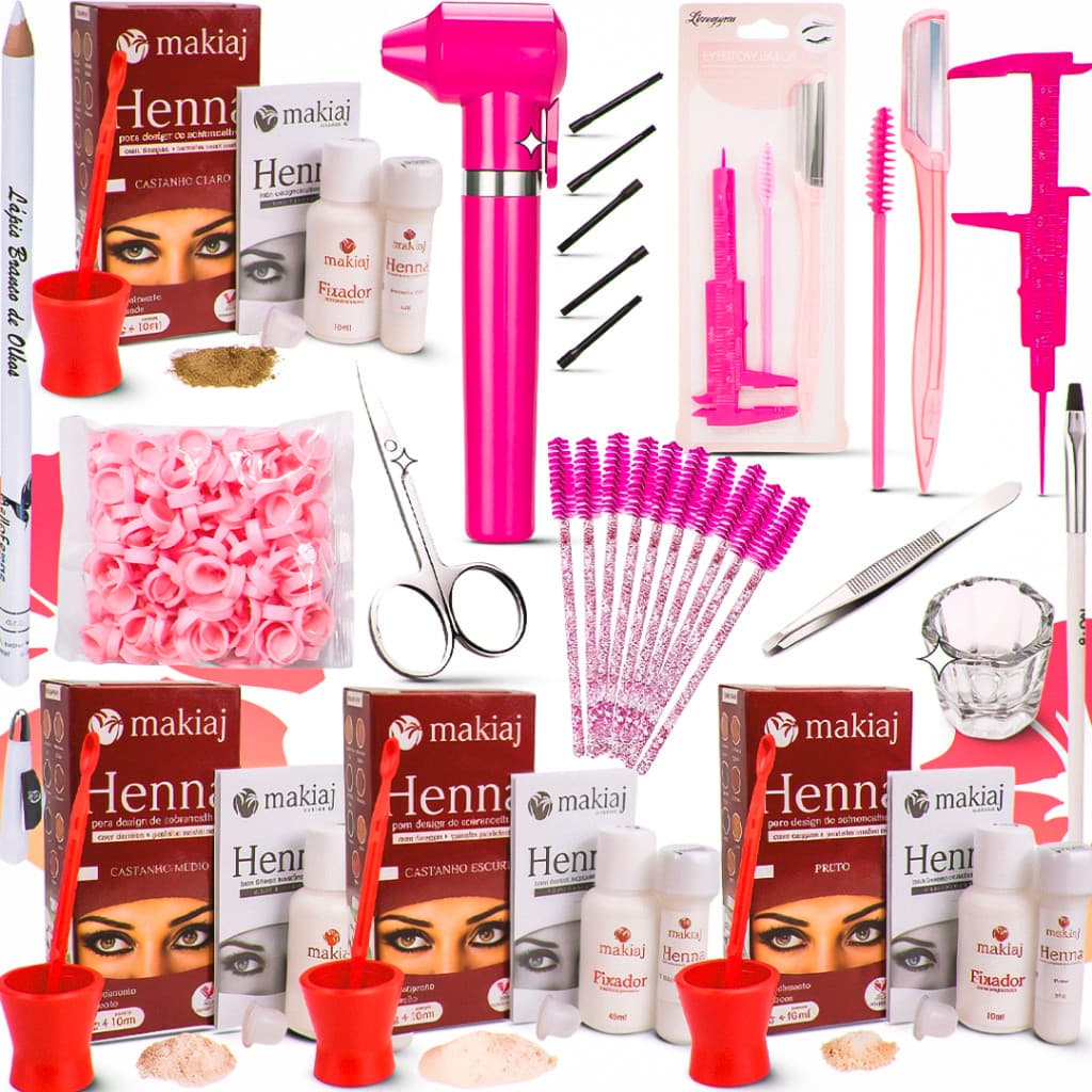 kit design de sobrancelhas profissional completo henna mixer paquimetro molde escovinha batoque