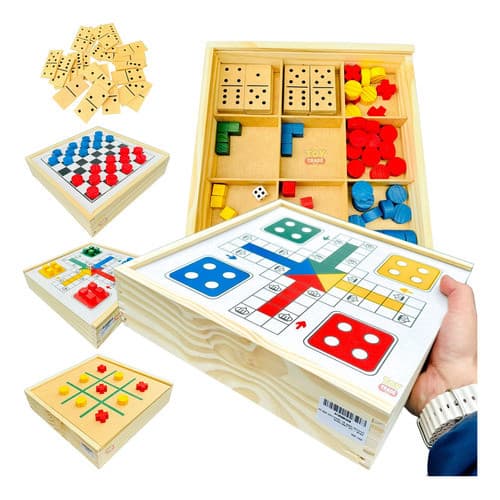 Jogo de Mesa 4x1 Dama, Ludo, Dominó, Jogo da Velha Jogos de Tabuleiro Caixa De Madeira Interativo