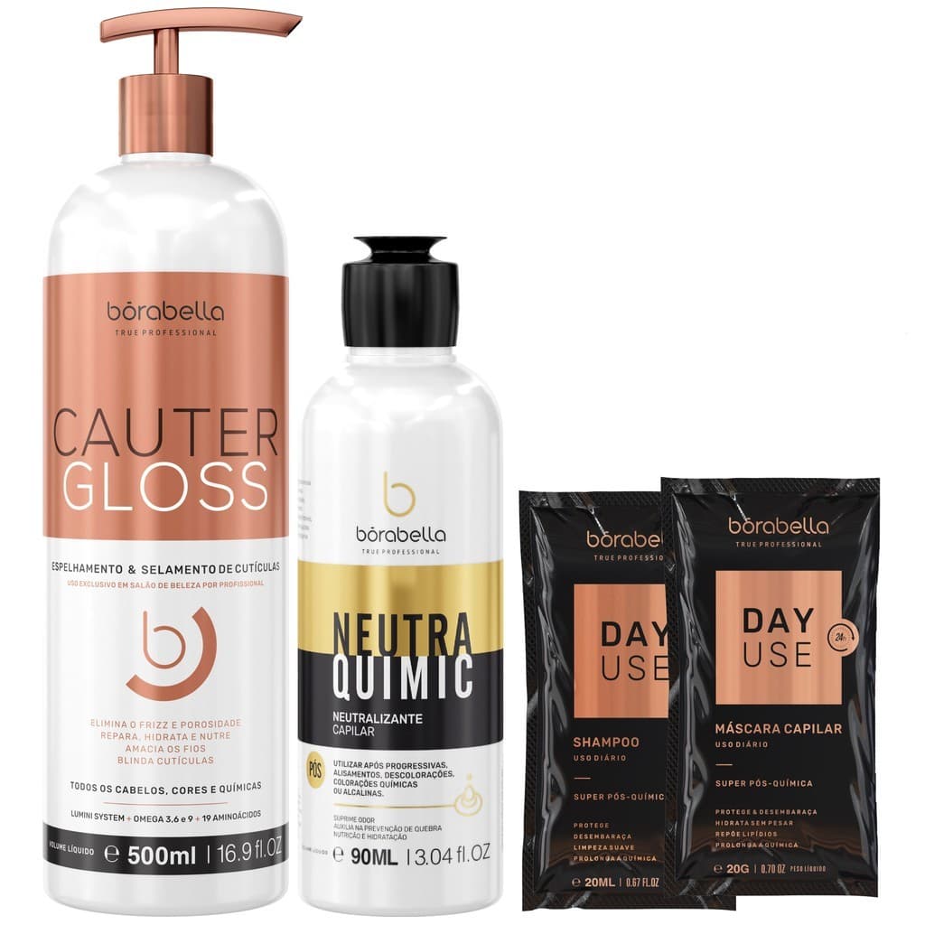 Borabella CauterGloss Cauterização Capilar 500ml + Neutraquimic Neutralizante 90ml + Kit Saches