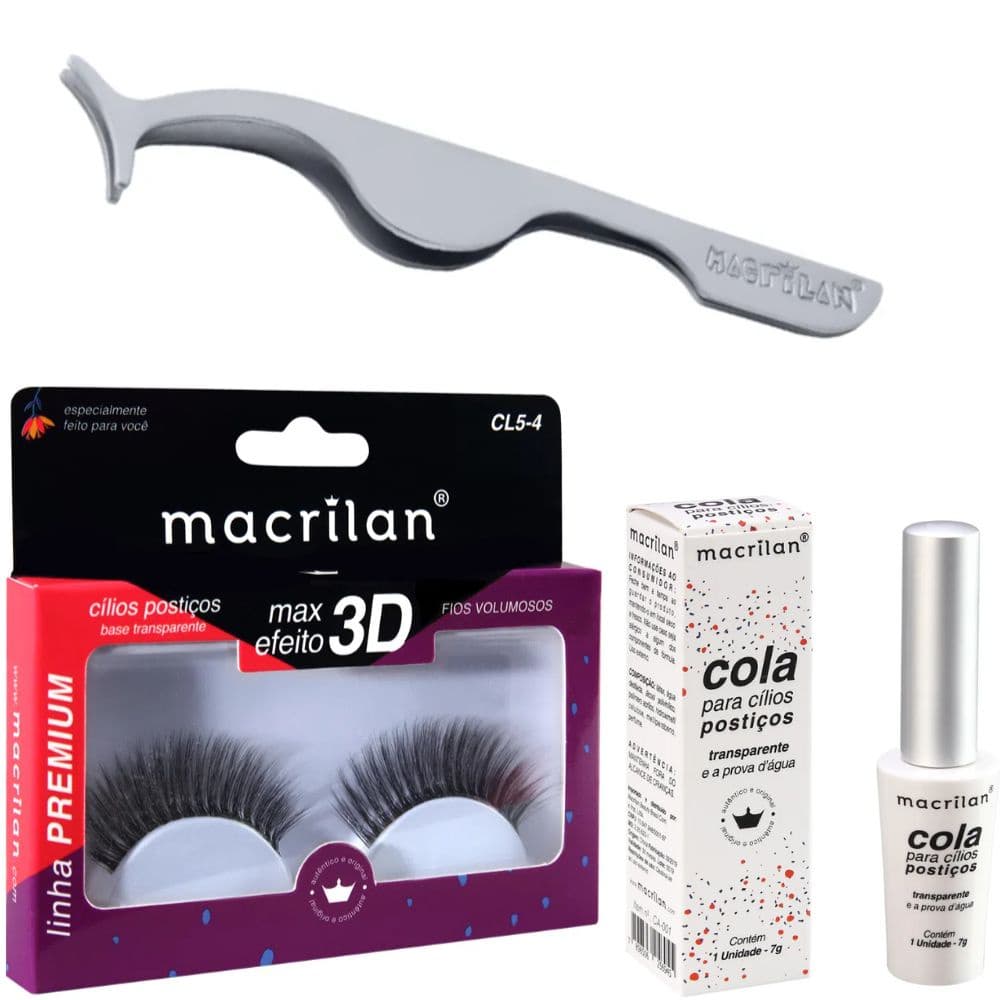 Kit Cílios Fios Volumosos + Pinça + Cola -Macrilan - Ca-001+CL5-4+PI-11