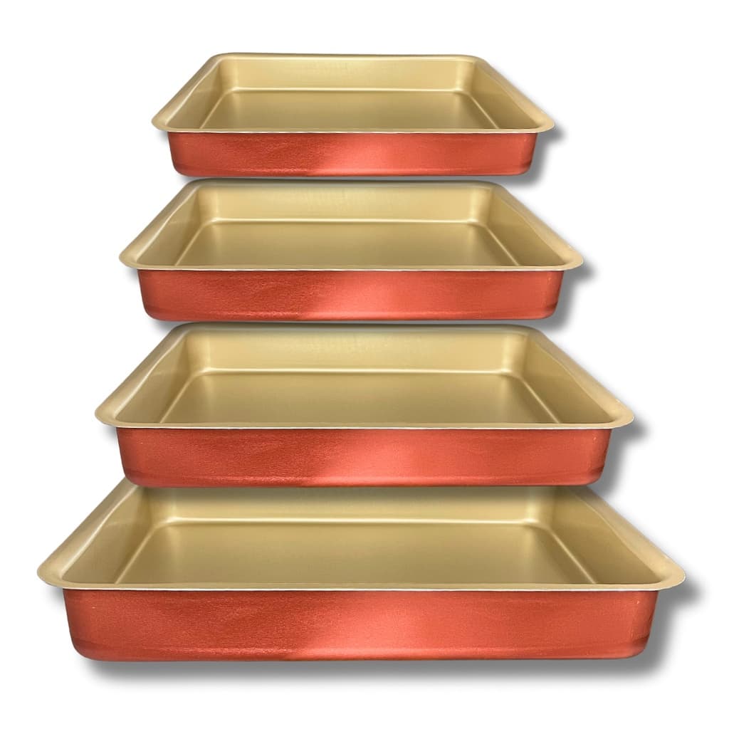 Jogo Conjunto Kit Assadeiras Retangular Alta 4 peças Antiaderente Teflon Cor Cereja Gold
