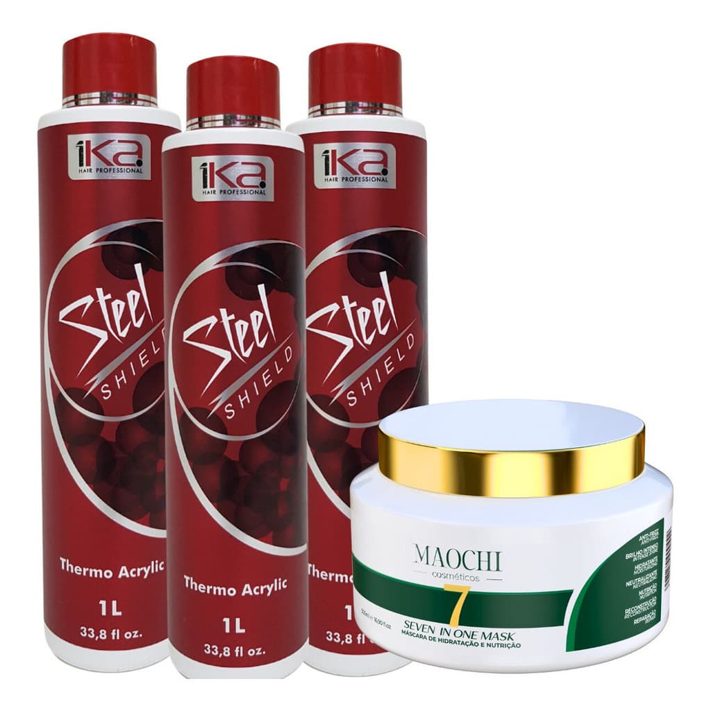 Kit 3un Escova Progressiva-Alisamento Selagem Térmica  1ka Steel Sheld+ Máscara 7in1-500g