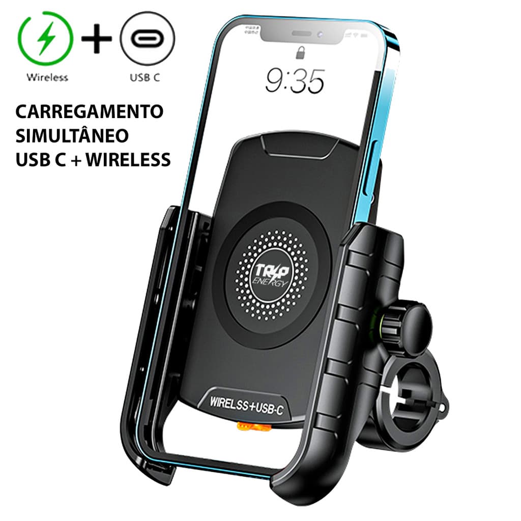 Suporte Celular Moto Carregador Universal Turbo Cabo USBC 18w Indução 15W Carregador Sem Fio