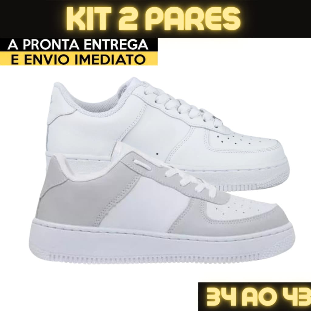 Kit 2 Pares Tênis Feminino Cinza Branco Preto Casual Confortável Leve Solado Macio