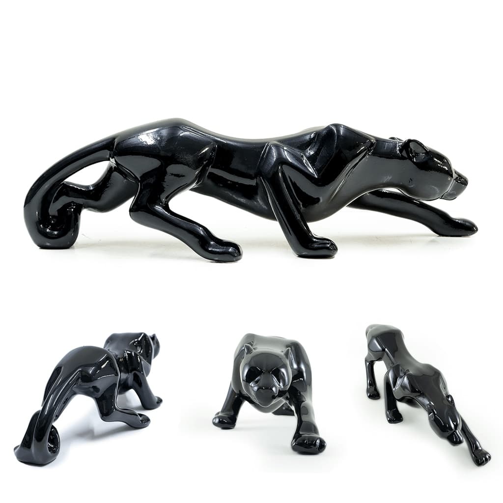 Estátua Pantera Negra De Cerâmica Com Pintura Brilhante Decoração Para Sala Casa Luxo escultura Posição De Ataque 36x8cm