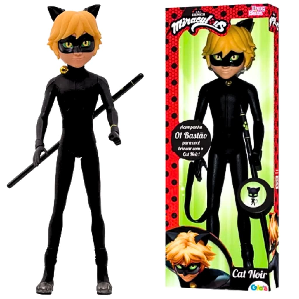 Boneco CAT NOIR Infantil ORIGINAL Parceiro LADY BUG Miraculous 56 cm Desenho Com Bastão Articulado Em Vinil