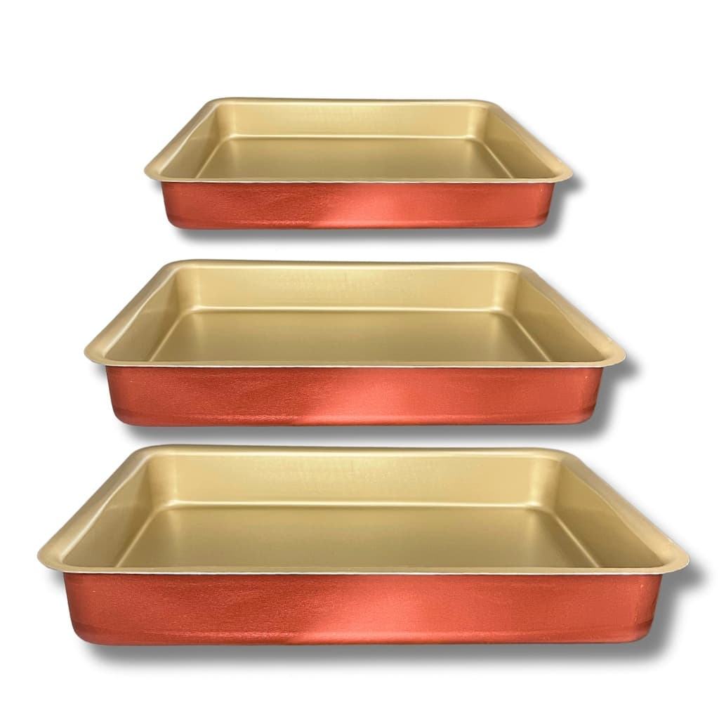 Jogo Conjunto Kit Assadeiras Retangular Alta 3 peças Antiaderente Teflon Cor Cereja Gold