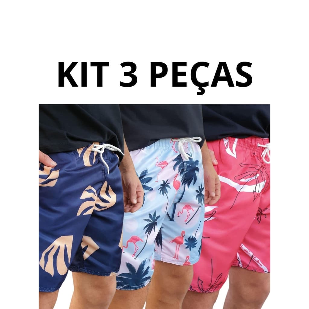 iconxbrand Kit 3 Short de Praia Masculinas Estampadas Coloridas Mauricinho Moda com Cordão com Bolso
