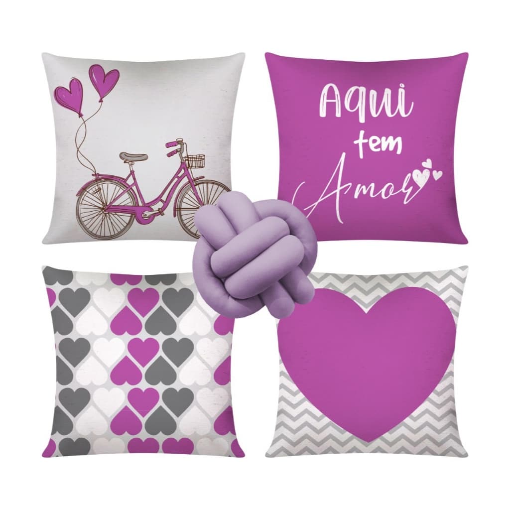 Kit 4 Almofadas Cheias Decorativas + 1 Almofada De Nó - Aqui tem Amor Lilás